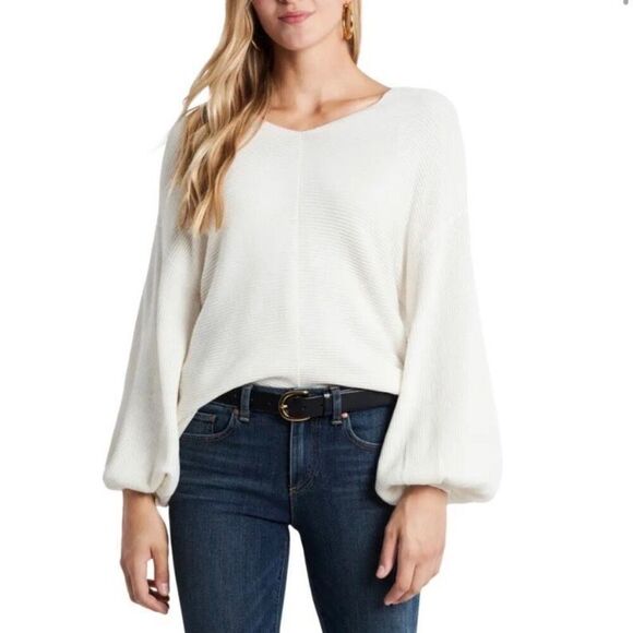 1. State Sweater Long Balloon Sleeve Horizontal Ribbed V Neck Ivory Women’s M - Picture 2 of 13